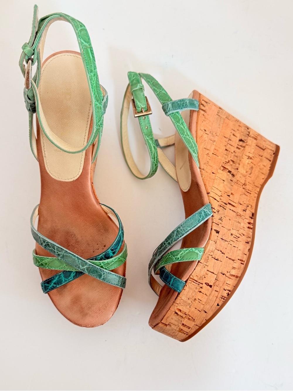Prada Croc Embossed Leather Cork Platform Wedge Sandals Green Blue EU 36